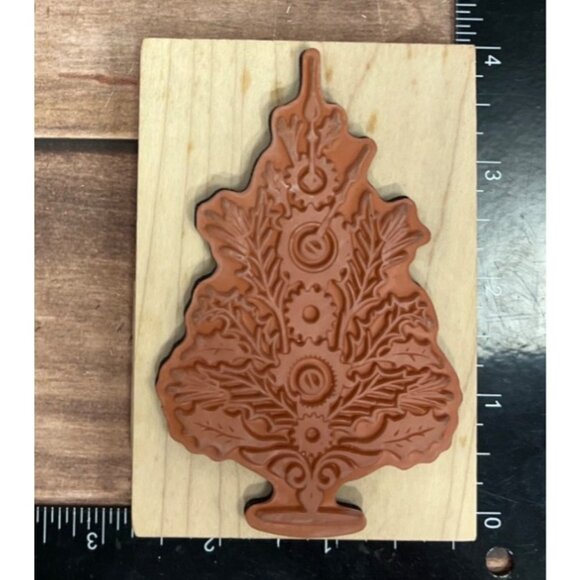 INKADINKADO 60-00692 STEAMPUNK CHRISTMAS TREE WOOD RUBBER STAMP SPIRE RETRO - Picture 3 of 3